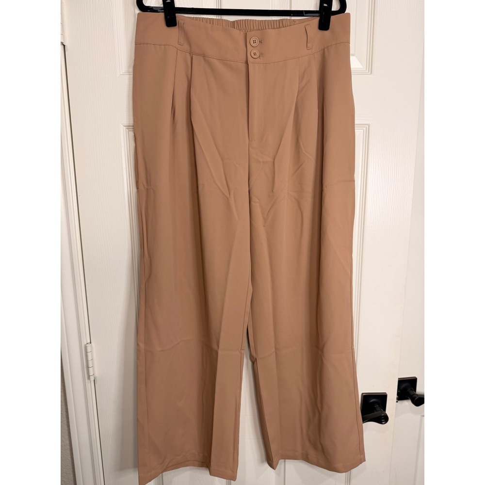 #B20 HALARA Dress Pants XL Petite Tan High Waisted Pleated Wide Leg Trousers NWT